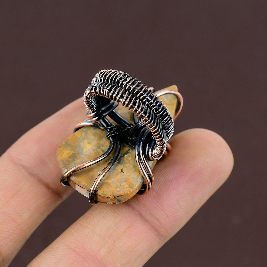 Кольцо из медной проволоки ручной работы с натуральным драгоценным камнем яшма шмеля, размер 7 L2N92
