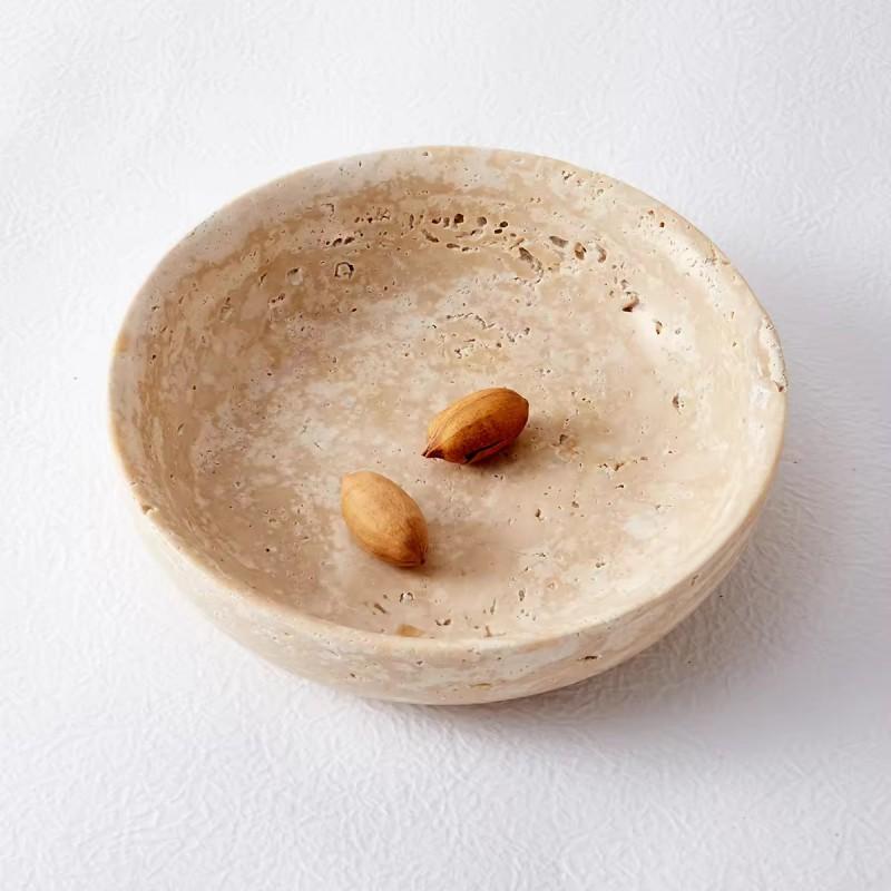 European Style Beige Travertine Stone Serving Tray Round Decorative Fruit Dish Storage Plate Kitchen Dining Table