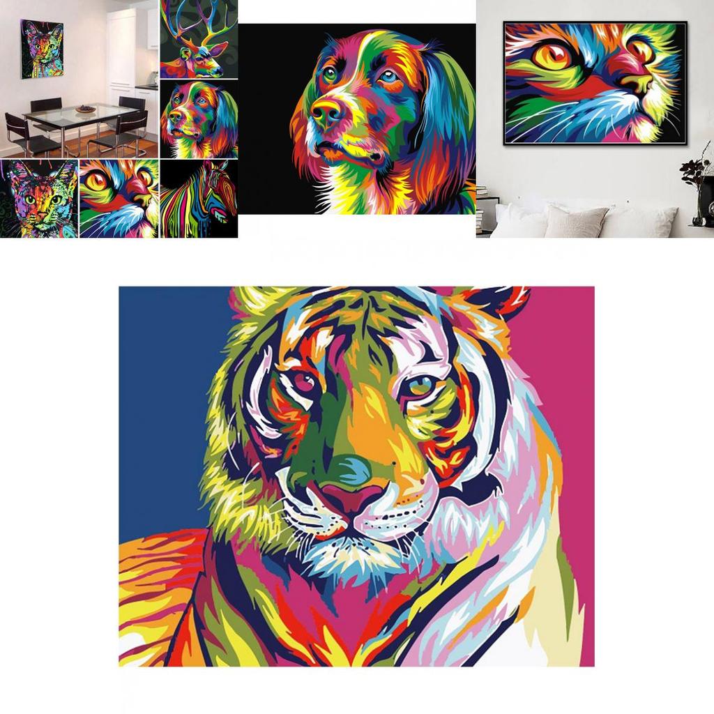 Яркая абстрактная картина на холсте с тигром и львом для современного декора гостиной 40x30см
