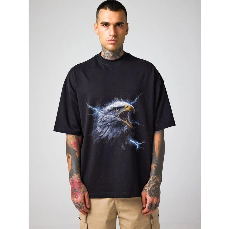 Футболка оверсайз с принтом черной головы орла с молниями, повседневная уличная одежда для мужчин