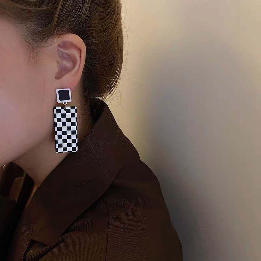 Style Black White Plaid Rectangle Women Earrings Dangle Earrings Ear Studs Checkerboard Earrings