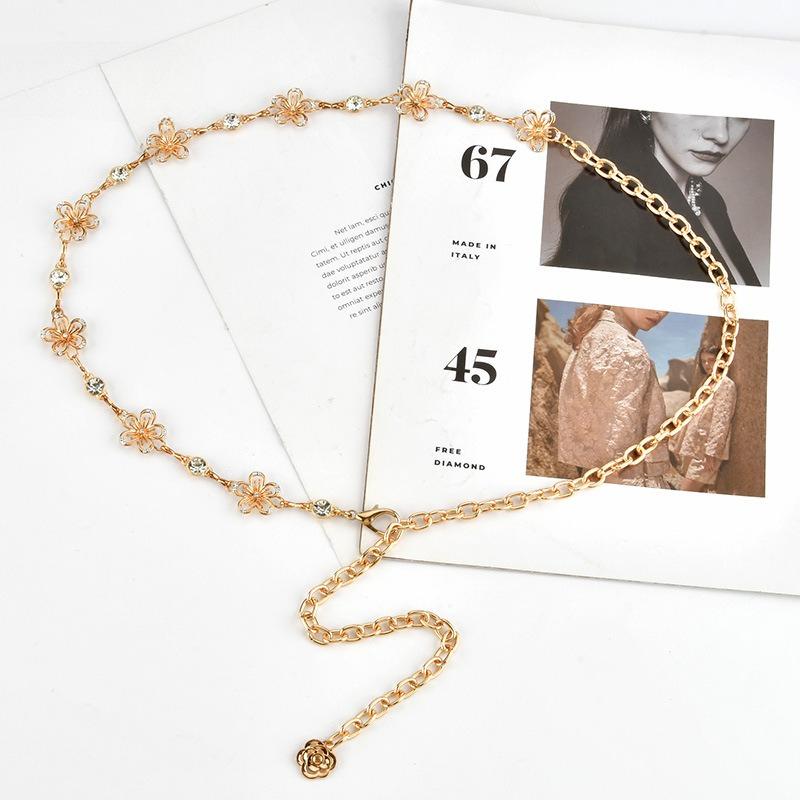 High-end Simple Metal Flower Decoration Rhinestone Waist Chain Women's Dress Accessories Temperament Belt Women