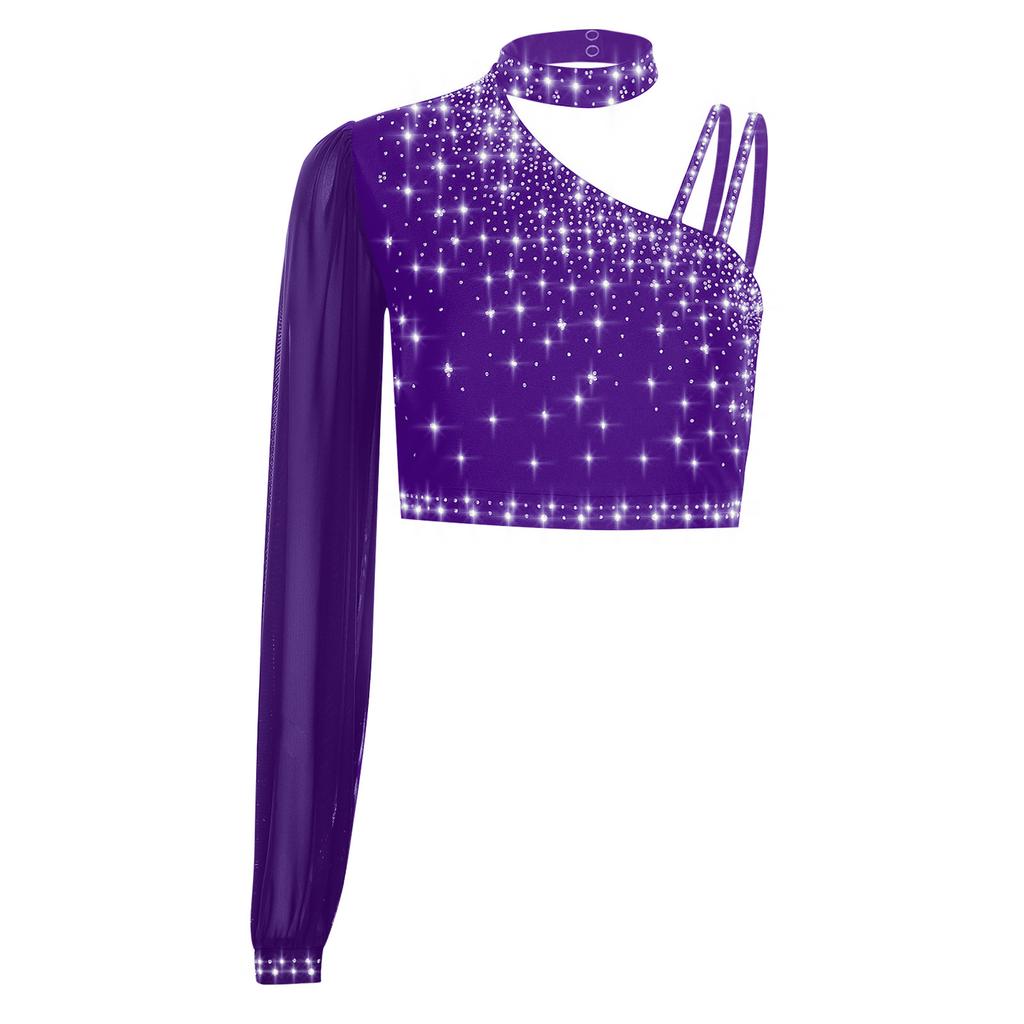 Womens Lyrical Dance Top Asymmetrical Sheer Mesh Long Sleeve Shiny Colorful Rhinestone Crop Top