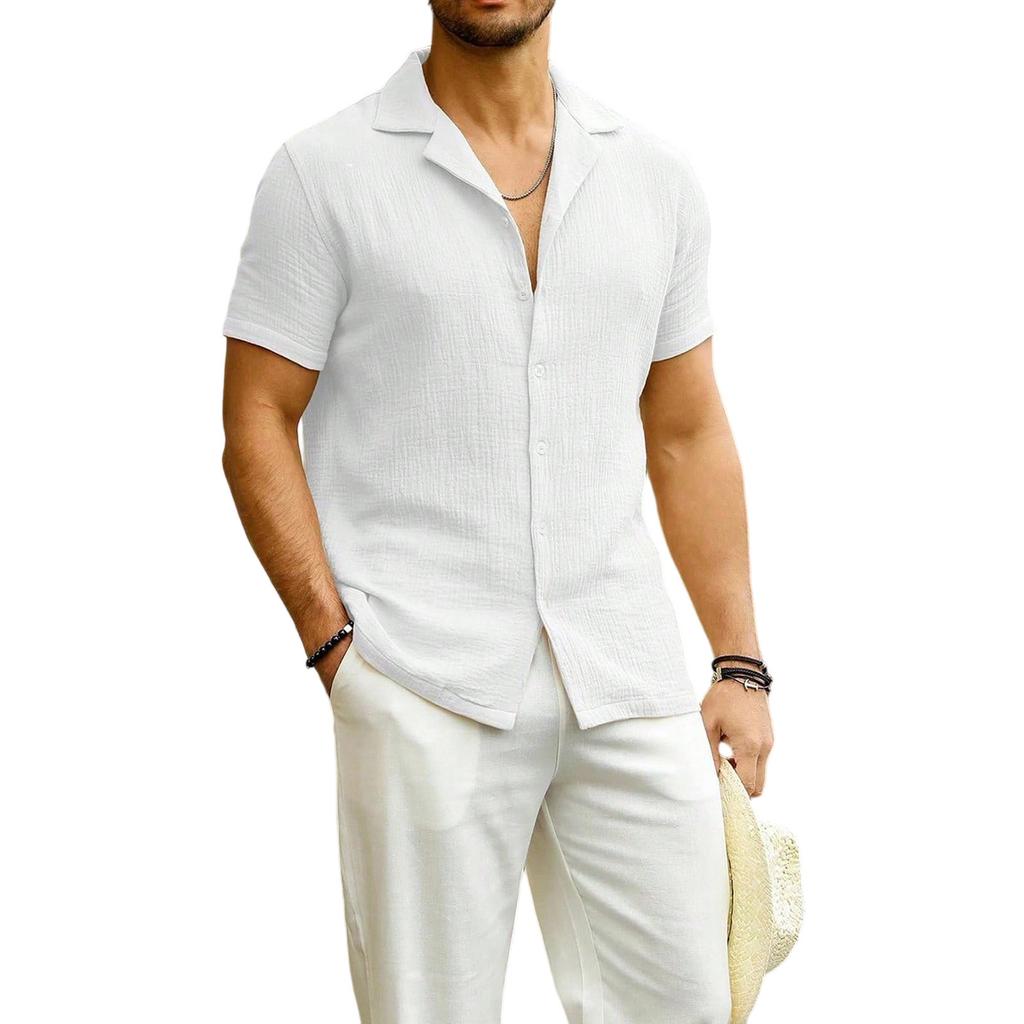 Мужская модная рубашка с воротником, однотонная, повседневная, с короткими рукавами