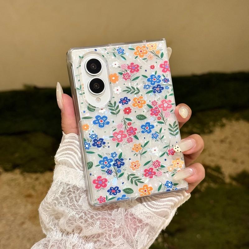Korean Color Flower Cute Phone Case For Samsung Galaxy Z Fold 8 Ultra 7 6 5 Z Fold7 Fold6 Cover with Chain Kawaii Floral Cases