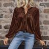 Spring Autumn V-neck Vintage Loose Casual Blouse Women Solid Color Lantern Long Sleeve Pullover Shirt Top