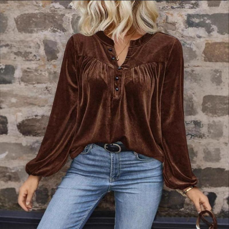 Spring Autumn V-neck Vintage Loose Casual Blouse Women Solid Color Lantern Long Sleeve Pullover Shirt Top