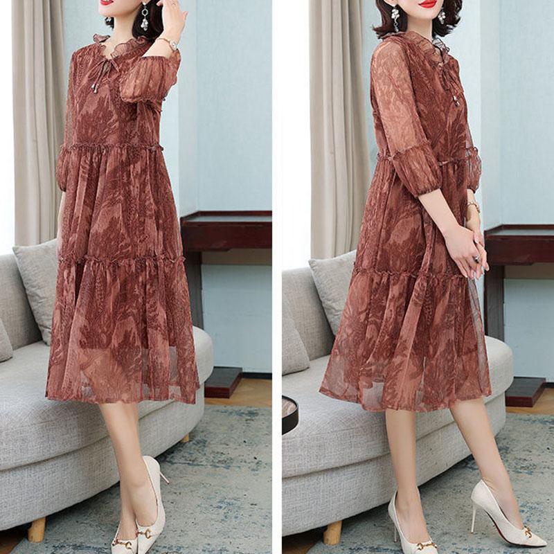 Женское летнее шифоновое платье больших размеров с принтом, свободное сетчатое платье трапециевидной формы