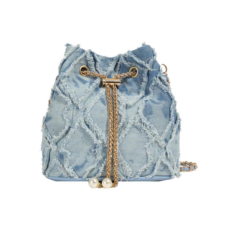 Ling Grid Chain Bucket Bag, Simple Crossbody Bag, Women's Trendy Drawstring Tassel Shoulder Bag