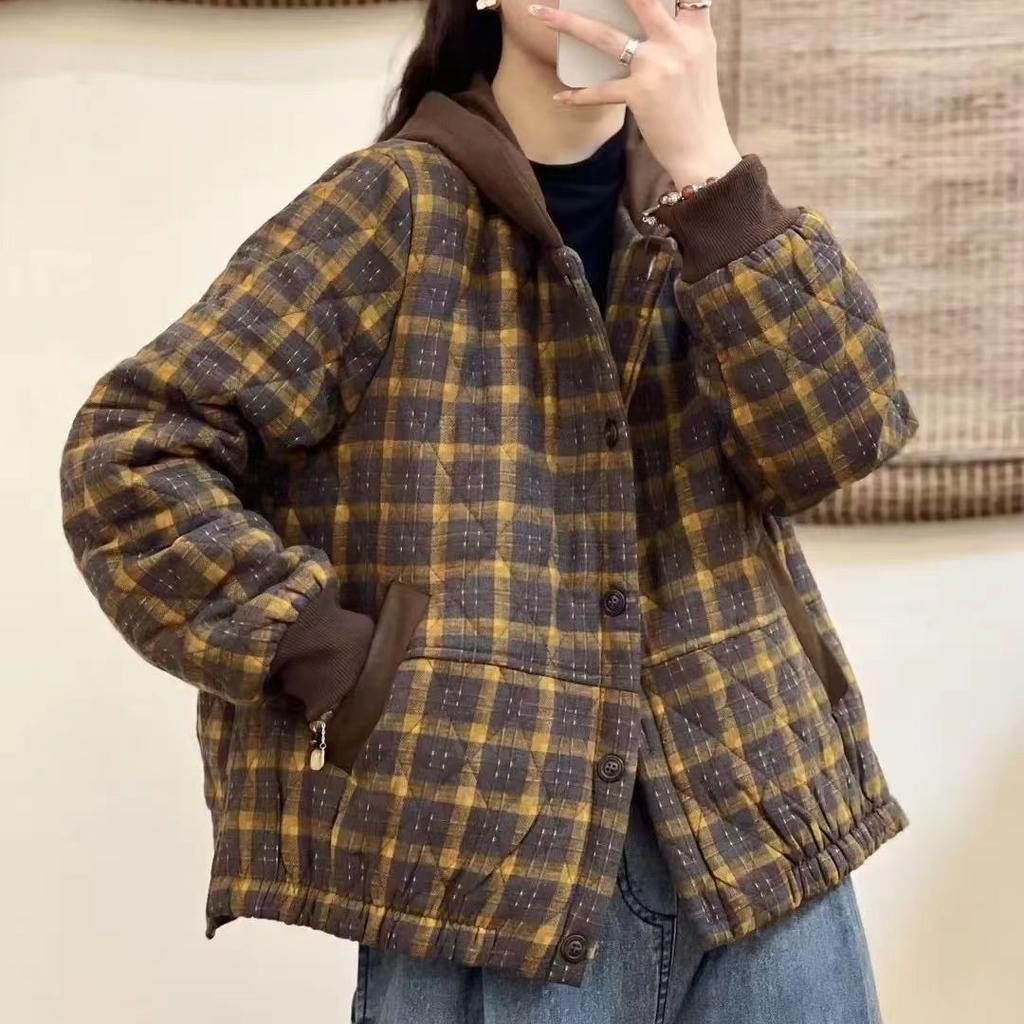 Casual Cotton Clothing Women's Winter Retro Plaid Hooded Fashion Loose Warm Comfortable Lightweight Cotton Clothing
