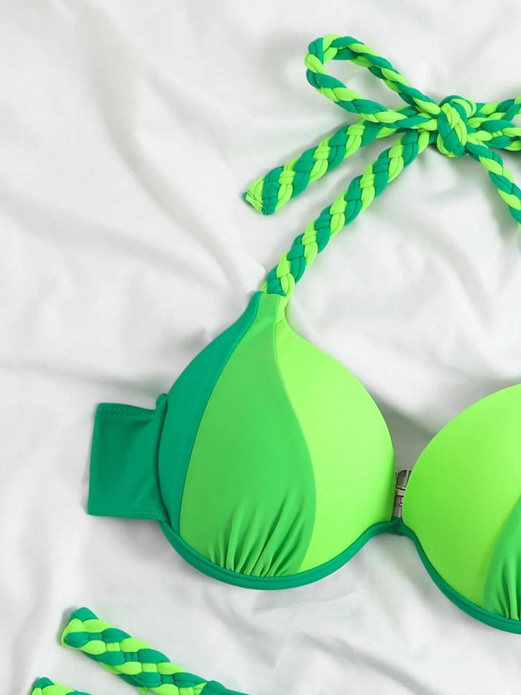 Лето Новое бикини для пляжной вечеринки женский сплит сплошной цвет стальная пластина сексуальный купальник бикини с контрастной строчкой