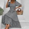 Vintage Floral Summer Women Long Dress Sexy Backless Square Collar Short Sleeve