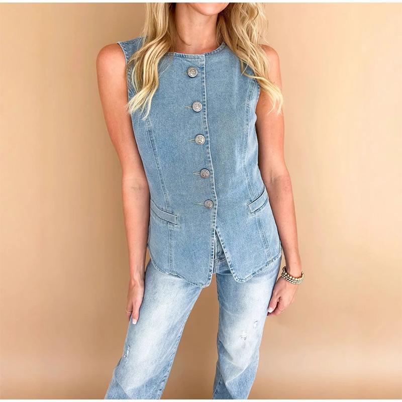 Повседневный женский джинсовый жилет, облегающий, с круглым вырезом, однобортный, на пуговицах, без рукавов, женский, весна 2025, женский винтажный универсальный жилет