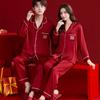 Newlywed Couple Ice Silk Pajamas Set – Men's and Women's High-End Red Embroidered Double Happiness Wedding Homewear.