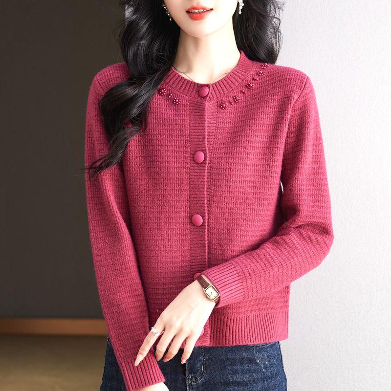Autumn and Winter Fashion Women's Sweater Knitted Cardigan Round Neck Pearl Sweater Coat Thickened