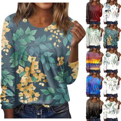 Женская повседневная модная блузка с длинным рукавом и круглым вырезом с цветочным принтом и пуловером