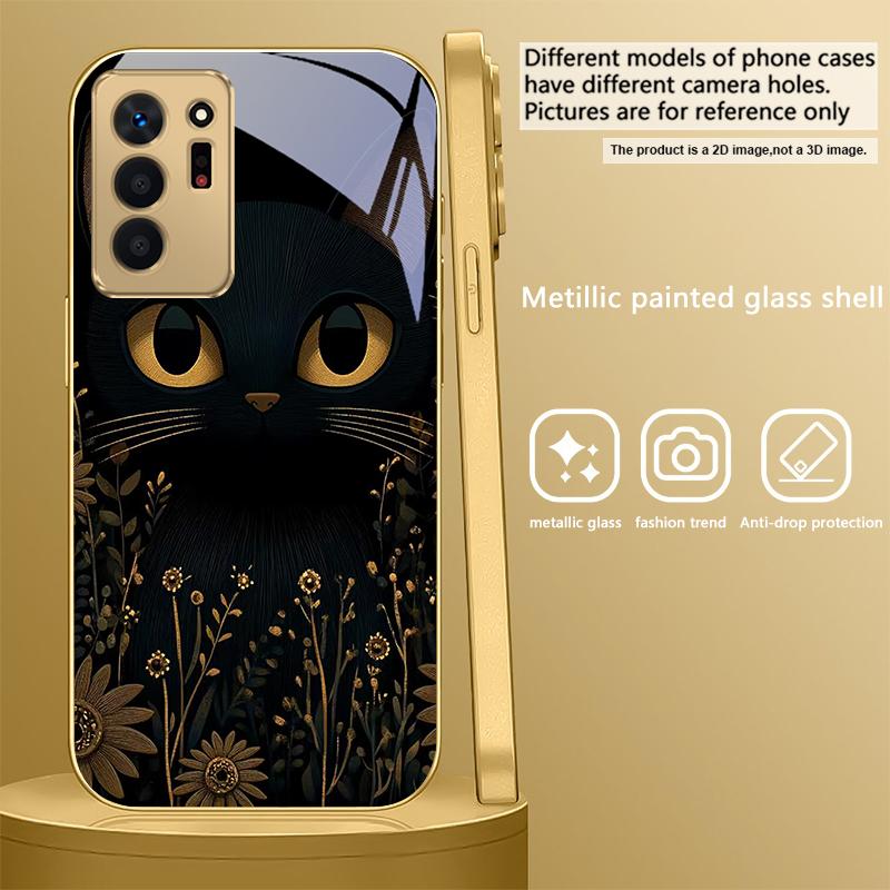 Фантастический Черный Кот Для Samsung A 01 52S A04 A05S A10 A12 A13 22 23 24 36 42 M02 Note 10 20Ultra 8 9 Золотой стеклянный чехол для телефона