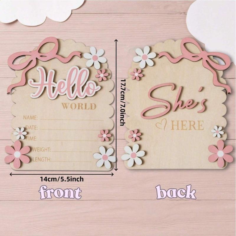 2PCS Baby Shower Hello World Newborn Wooden Sign Pink Bow Baby Growth Souvenir for Mom