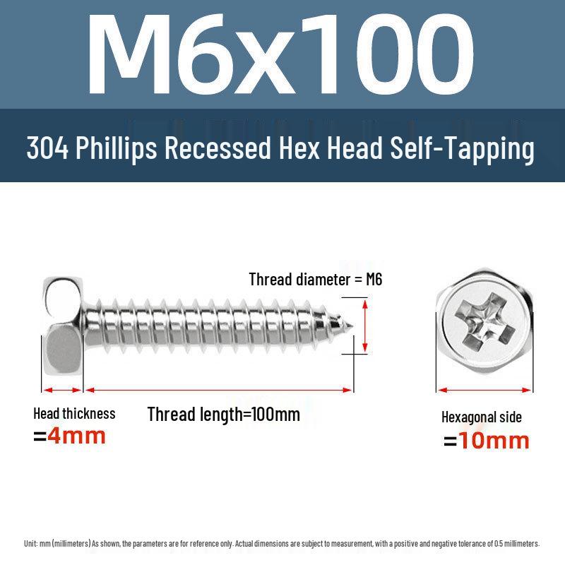 Yigu 304 Stainless Steel Phillips Recessed Hex and Slotted Self-Tapping Screws for Wood, M3-M8