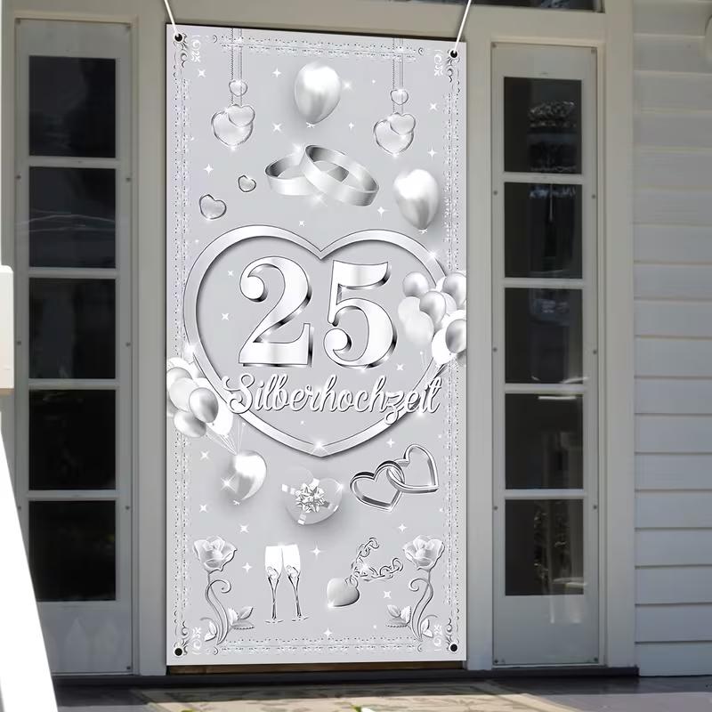 2D 25th Silver Wedding Backdrop, Hearts & Balloons Background