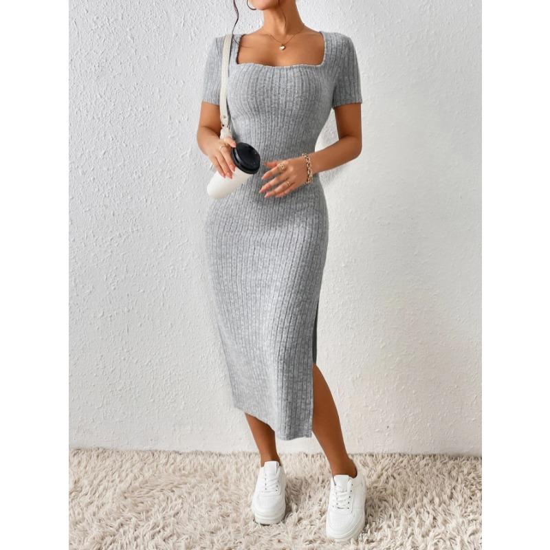 2023 European and American New Independent Station Amazon Hot French Square Collar Side Split Rib Knitted Short-sleeved Dress