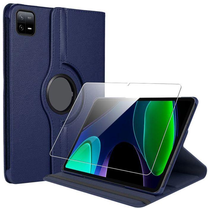 Coque + Verre Trempé pour Xiaomi Pad 6 / 6 Pro, Rotatif 360° Multi-Angle Effet Cuir Bleu Marine