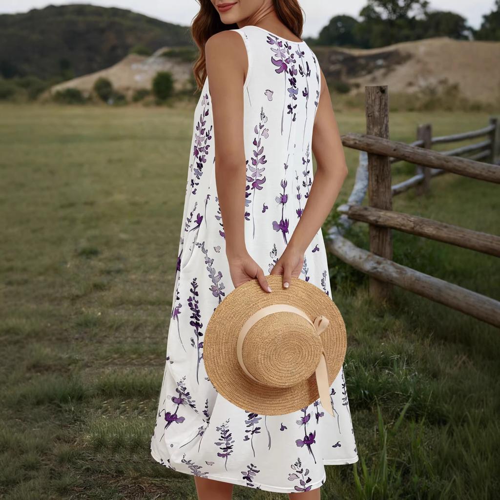 eBay cross-border European, American and foreign trade spring and summer French lavender floral dress loose and thin holiday sleeveless dress