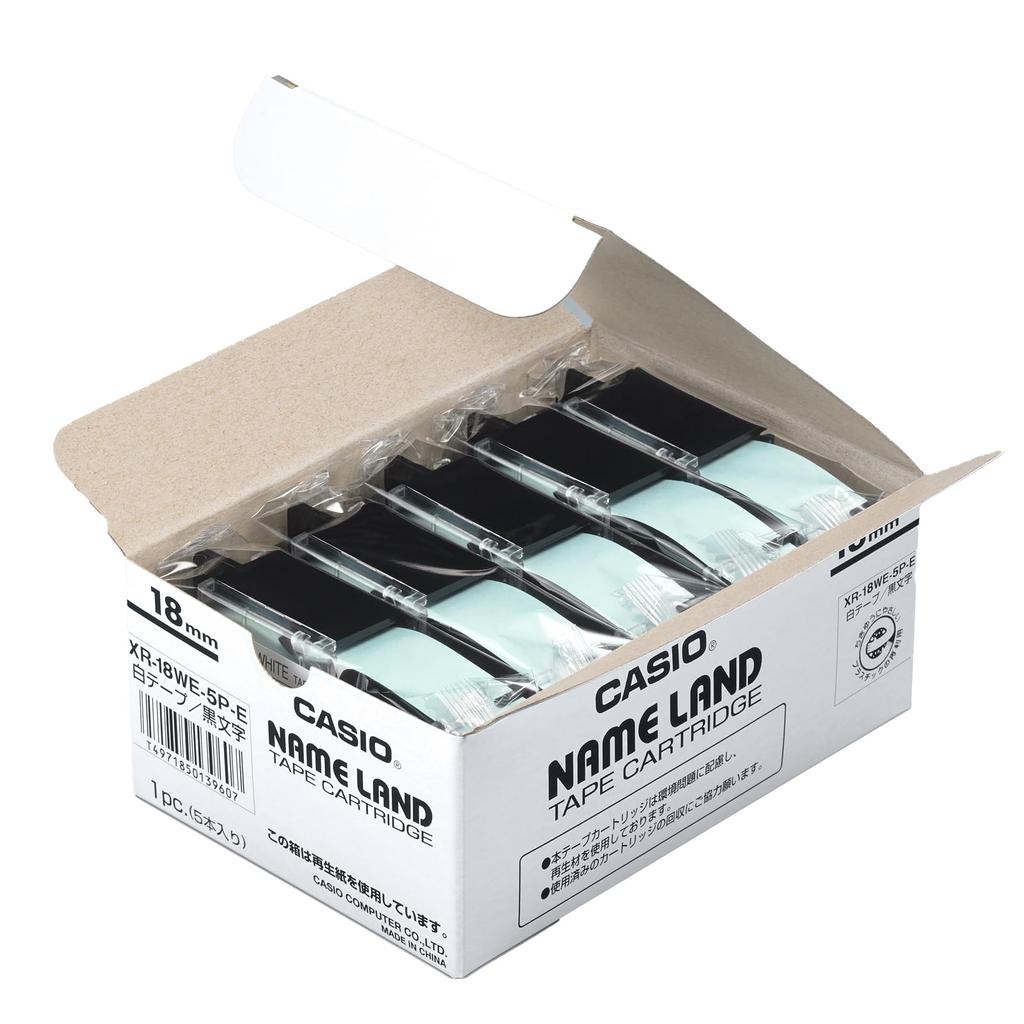 Casio Label Writer Nameland Genuine Tape 18mm White with Black Text 5 Rolls XR-18WE-5P-E