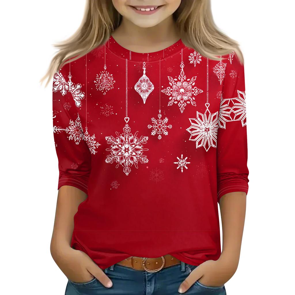 Рождественские топы с принтом для девочек-подростков 5-16 лет, футболки с круглым вырезом и рукавами 3/4, модные топы, нарядные футболки