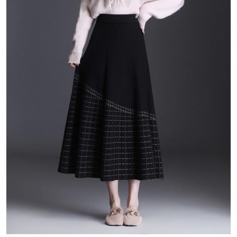 Женская осенне-зимняя трикотажная клетчатая юбка-бюстье, утолщенная тонкая в длинной части юбки-бюстье с высокой талией и широкими бретелями