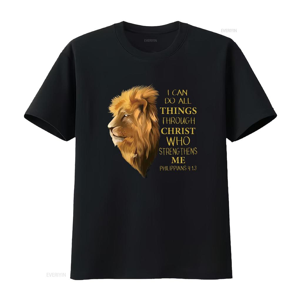 Philippians 4 13 Religious Lion Verses Funny Christian T Shirt Black Medium vintage Washed streetwear Breathable Slightly
