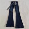 Retro Hong Kong-Style Flared Jeans for Women with Belt – Slim-Fit, Low-Waisted, Floor-Length, Stretchy Pants for Fall and Winter.