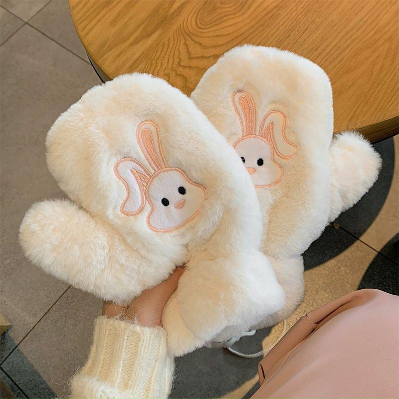 Winter Thickened All-Inclusive Cold-proof Gloves Female Cartoon Cute Rabbit Warm Finger Plush Student Ride