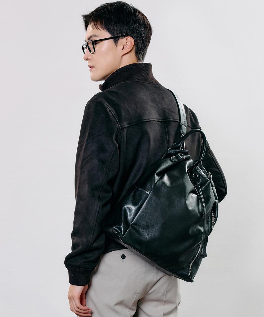 Bedford11Th 14-Inch Storage 3-Way Bucket Sling Backpack [Black Leather]