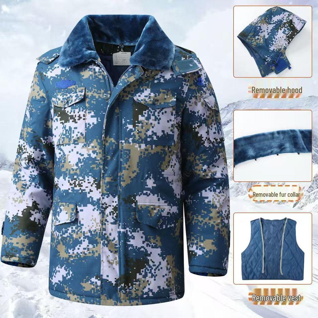 Men's Waterproof Camouflage Cotton Jacket, Anti-Cold, Detachable, Mid-Length, Long Sleeve