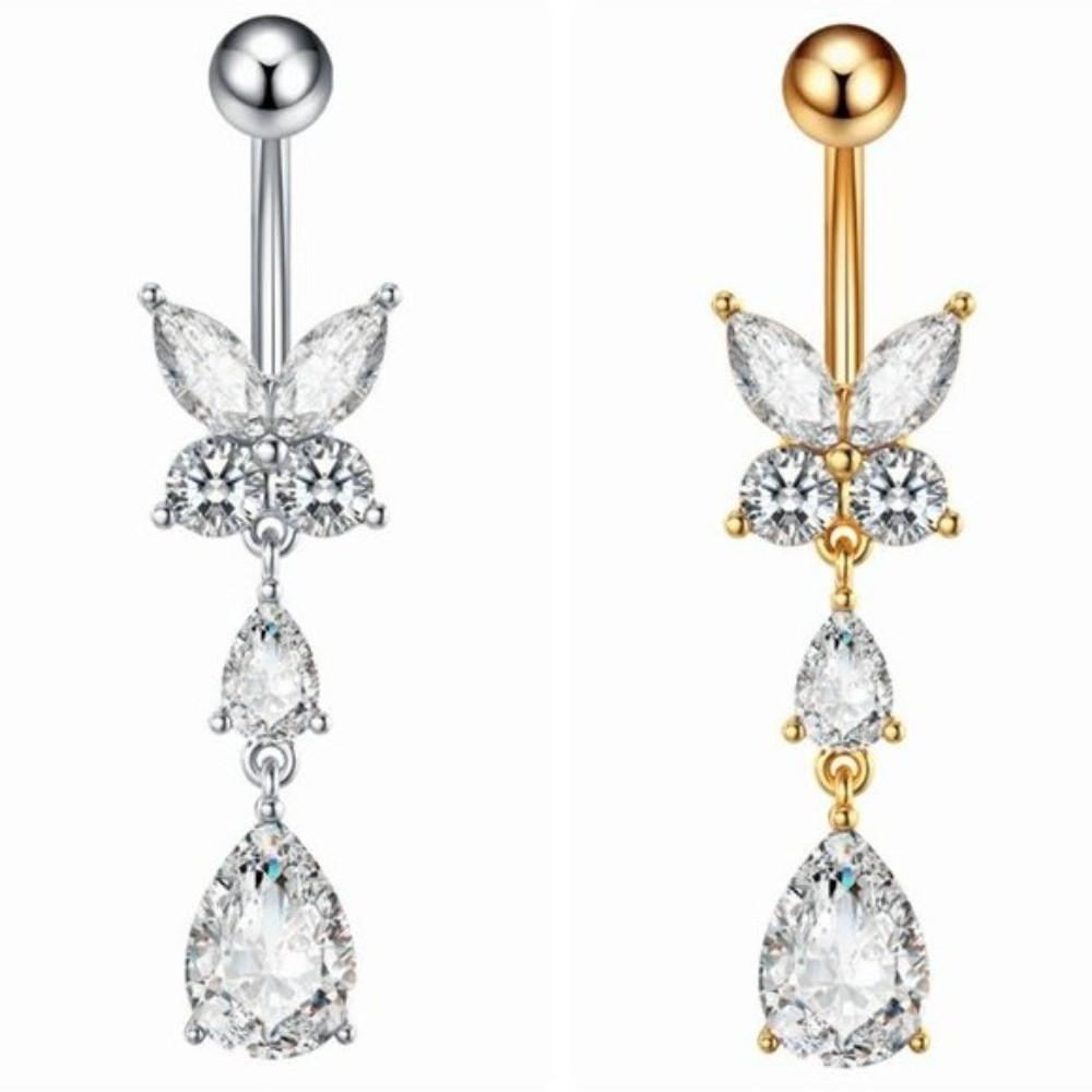 Zircon Crystals Butterfly Belly Button Ring Stainless Steel Dangled Navel Ring Daily Use