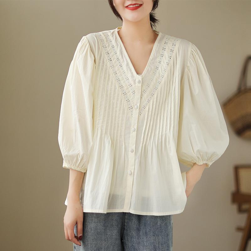 Spring Autumn Cotton Organ Shirt Women's V-neck Lantern Sleeve Lace Splicing Top Loose Solid Color Shirt Blouses & Shirts