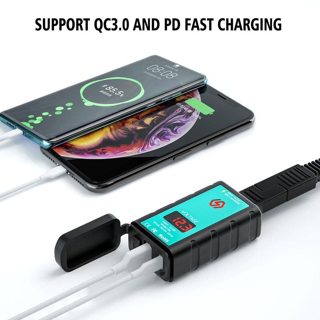 Мотоциклетный руль PhoneCharger быстрое зарядное устройство PD+QC3.0 водонепроницаемый переключатель с вольтметром SAE штекер к USB Type-C разъем