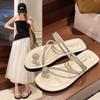 Flat-bottomed Cool Slippers Women's Summer Wear 2025 New Rhinestone Fairy Wind Soft Bottom Non-slip Toe Beach One-word Drag