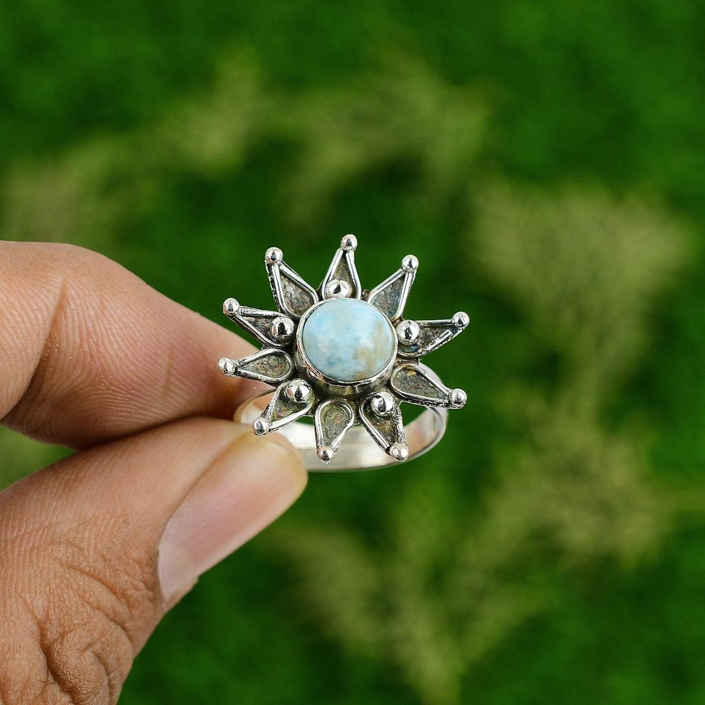 Womens Day Deal 925 Silver Larimar Stone Promise Bezel Flower Boho Ring Jewelry