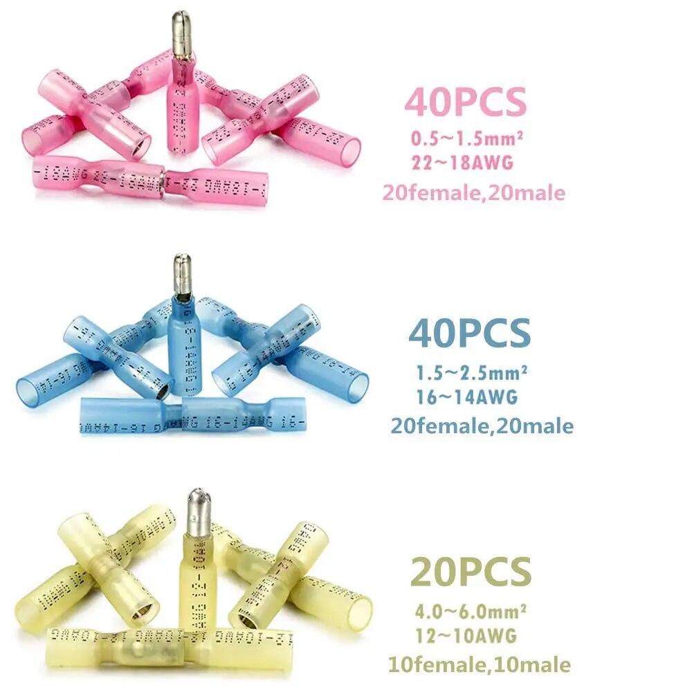 100 шт. термоусадочных пулевых разъемов, термоусадочные пулевые клеммы с гнездовыми и мужскими разъемами, изолированные водонепроницаемые морские обжимные наконечники