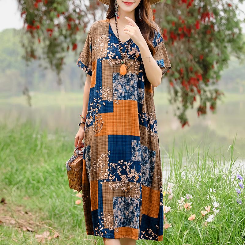 Повседневные женские платья Летняя винтажная одежда Большие размеры Элегантное летнее длинное платье с коротким рукавом