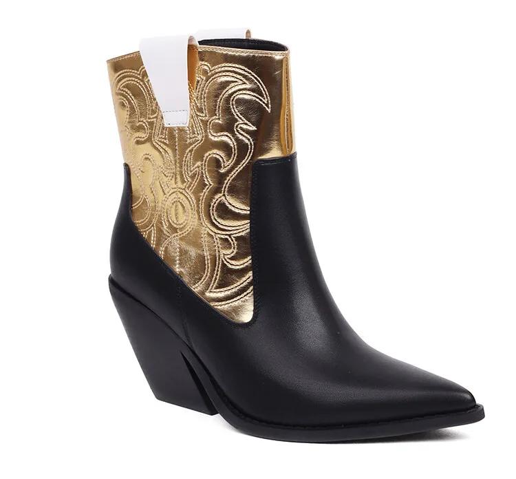 Fashion Brand Rhinestone/Rivet Color Blocking Western Short Boots Autumn Winter New 8cm Thick Heel Black Chelsea Women Boots Size 34-43