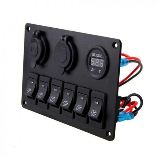 Rocker Panel Switch Blue LED Dual Light USB 6 Gang Fits 12V Car Auto Marine Boat