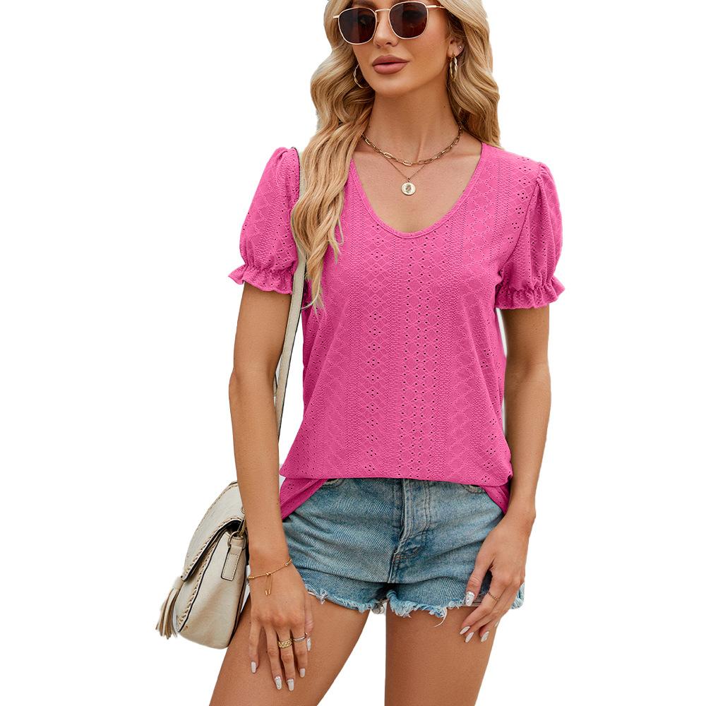 GMXIA Women's Fashion Casual Summer Spring Solid Color Print Short Sleeve U-Neck Loose Fold Blouses & Shirts