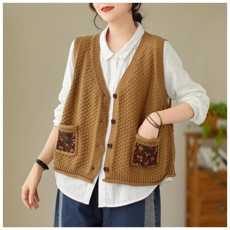 Женский вязаный жилет-кардиган из хлопка с цветочным накладным карманом, свободный и утягивающий, осенний повседневный с V-образным вырезом, без рукавов