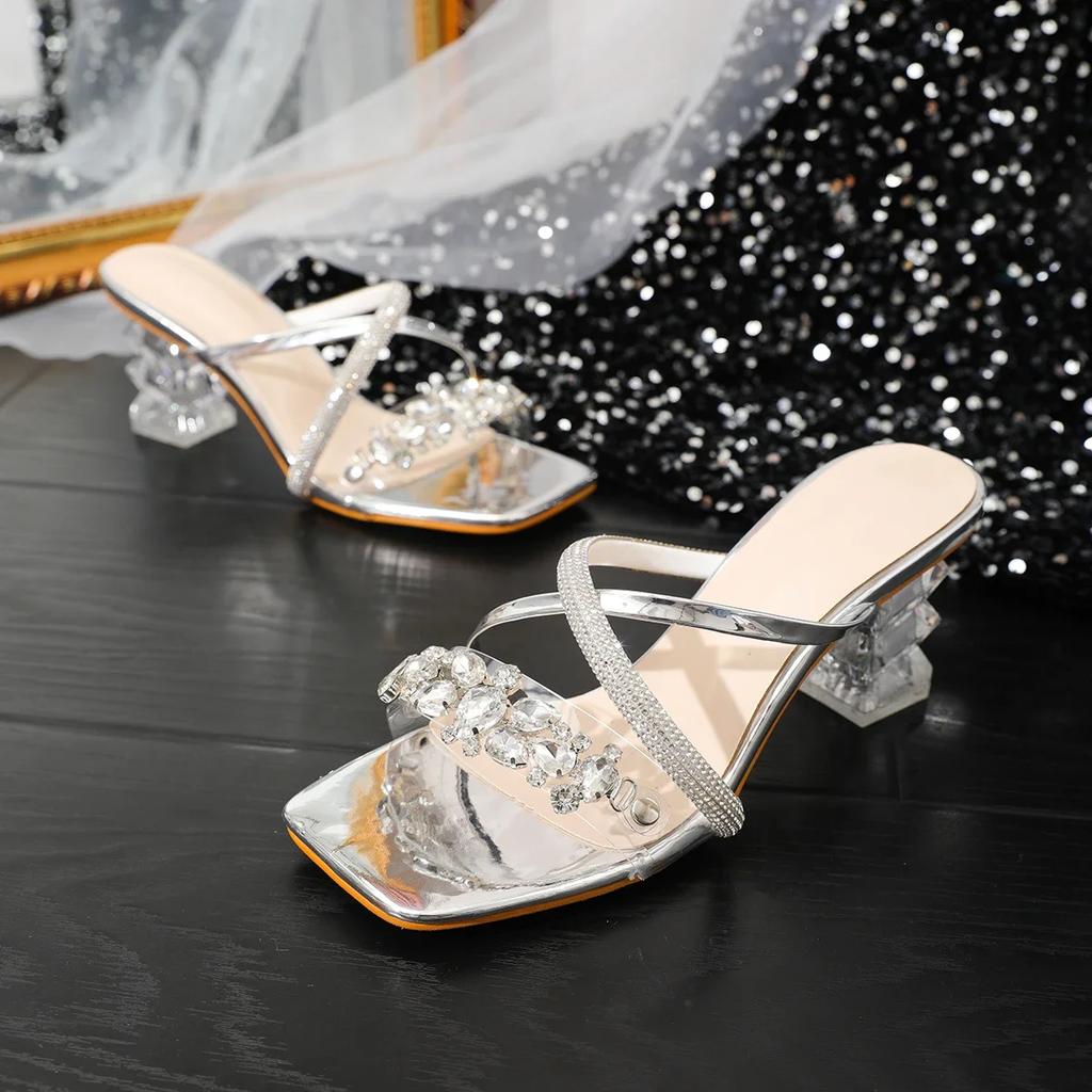 Летние женские тапочки, модные, роскошные, свадебные, невесты, золотые, ПВХ, стразы, кристаллы, высокие каблуки, банкетные туфли
