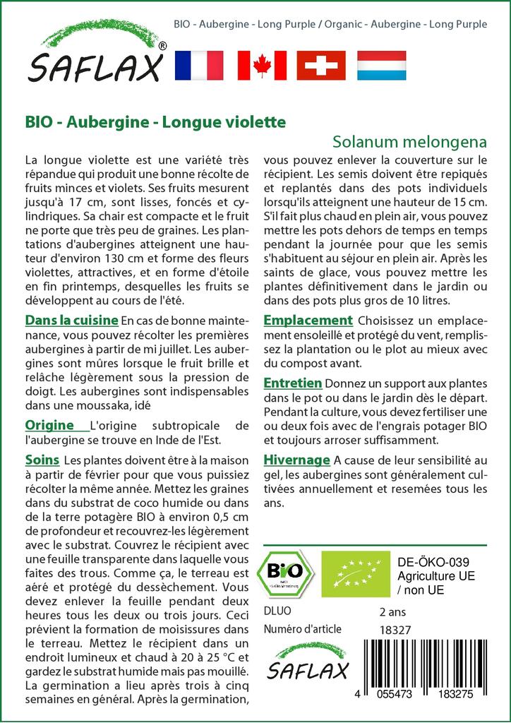 SAFLAX Сад в сумке - Органический - Баклажан - Длинный фиолетовый - 20 семян - С субстратом в подходящем стоячем мешке - Solanum melongena