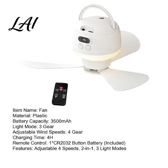 Multifunctional Picnic Cooling Device 2-in-1 Portable Ceiling Fan Rechargeable Wireless Tent Fan with LED Light Remote Control 4 Speeds,