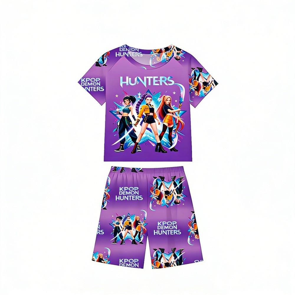 Fashion Kids Pajamas Set Kpop Demon Hunters Printed Children's O Neck Short Sleeve Tops Shorts 2pcs Summer Girls Casual T Shirt Sets